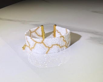 White Gold Pattern Miyuki Delica 11/0 Beaded Bracelet | Handmade Delica Seed Bead Jewelry