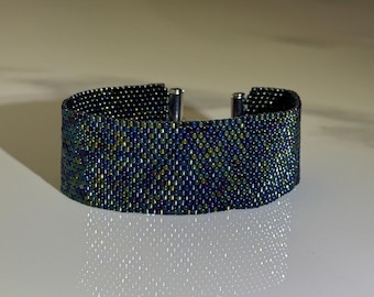 Iridescent Miyuki Delica Bracelet, Handmade Beaded Bracelet, Adjustable Slider Bracelet, Green Blue Jewelry Gift