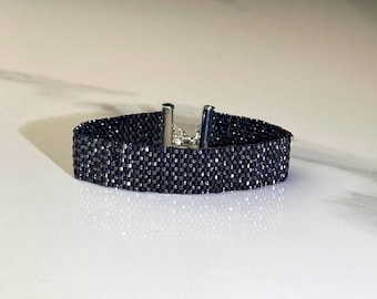 Miyuki Delica 11/0 Beaded Bracelet | Black Seed Bead Jewelry, Metallic Shimmer, Minimalist Style