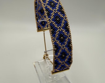 Miyuki Delica 11/0 Beaded Bracelet | Geometric Pattern, Purple Gold Wide Cuff