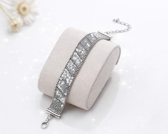 Miyuki Delica 11/0 Beaded Bracelet, Gray Steel Geometric Pattern, Minimalist Jewelry