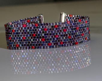 Multicolor Miyuki 10/0 Bracelet, Beaded Bracelet with Red Accents, Handmade Adjustable Slider Bracelet, Unique Jewelry Gift