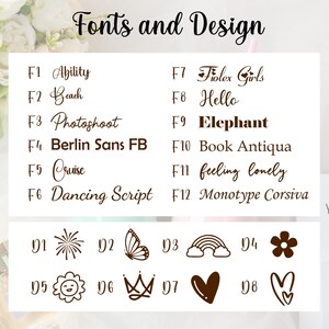 以下が含まれることがあります： 「Fonts and Design」と題されたチャートには、Ability、Beach、Dancing Scriptなど、F1からF12まで番号が振られた12種類のフォントスタイルと、蝶、虹、ハートなどが描かれたD1からD8まで番号が振られた8種類のグラフィックアイコンが表示されています。