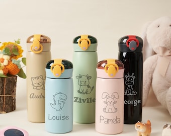 Custom Name Water Bottle for Kids, Cartoon Thermos,  Back to School Gift for Toddler, Leakproof Flask, Birthday Present for Students