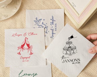 Personalisierte Cocktailservietten Hochzeit mit benutzerdefiniertem Text, minimalistische Hochzeitsservietten, Verlobungsfeierdekor, benutzerdefinierte Namen und Datum-Servietten