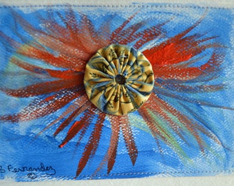 Orange Watercolor Swirl on Blue Stitched Postcard