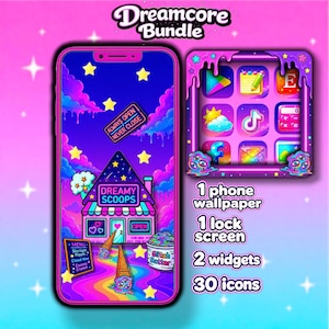 Peut inclure: Un pack numérique Dreamcore comprenant un fond d'écran et un écran de verrouillage avec un graphique de glacier Dreamy Scoops, un menu, des cônes de glace fondants et un pot Glitch Batter. Inclut 30 icônes d'applications et 2 widgets.