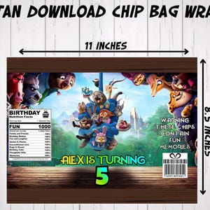 Dimension guide for an instant download chip bag wrapper showing a flat layout of 11 inches by 8.5 inches. Features the colorful zoo cartoon character birthday theme, a mock nutrition label, and sizing arrows, perfect for custom DIY birthday favors and printable treat bags.
