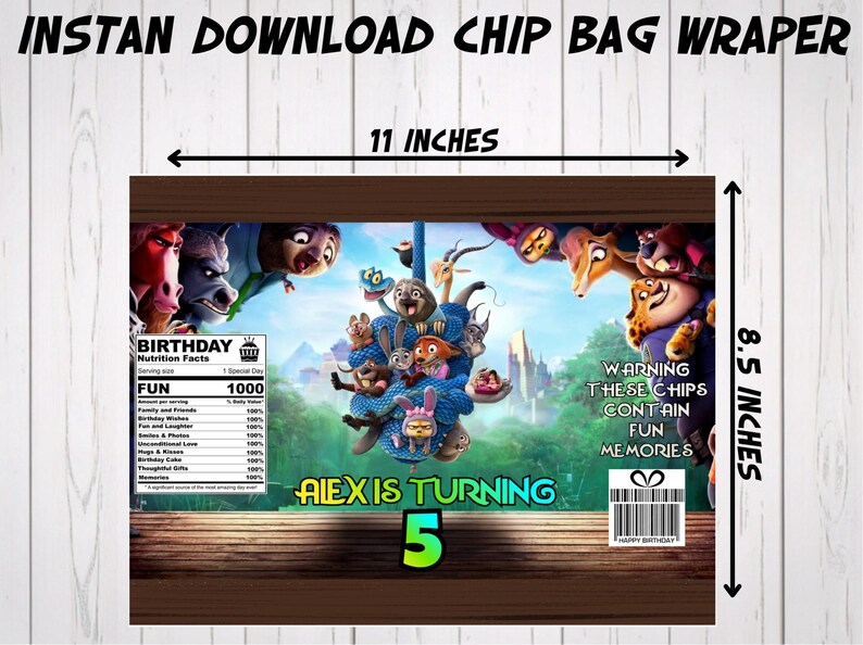 Dimension guide for an instant download chip bag wrapper showing a flat layout of 11 inches by 8.5 inches. Features the colorful zoo cartoon character birthday theme, a mock nutrition label, and sizing arrows, perfect for custom DIY birthday favors and printable treat bags.