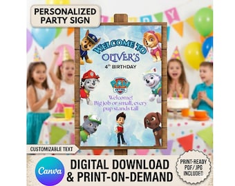 Sjabloon Paw Puppy's welkomstbord, bewerkbaar canvas verjaardagsfeestje, afdrukbaar feestdecor, instant download