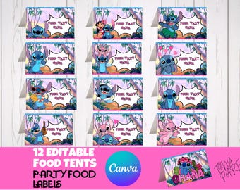12 Lilo, Stitch and Angel Voedseletiketten Verjaardagsfeestje voor kinderen Afdrukbare voedseltenten