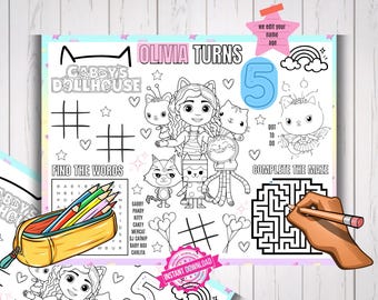 Gabby-poppenhuisplacemat Kinderverjaardag Activiteit Kleurplaat Feestmat Afdrukbaar gd01