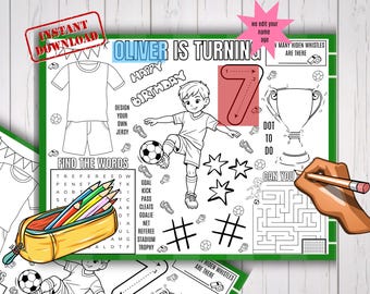 Placemats voor voetbalverjaardagsactiviteiten | Afdrukbaar activiteitenblad voetbalfeest voor kinderen, gunst voetbalfeest