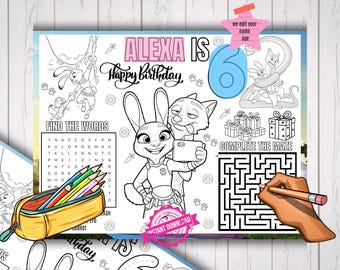 Zootopia bewerkbare activiteitplacemat, kinderverjaardagsactiviteit, feestbedankje, gepersonaliseerde kleurplaat zo02