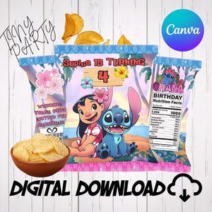 Printable party decor mockup of a Hawaiian luau custom chip bag wrapper featuring Lilo and Stitch characters. A blue and pink chip bag design is displayed on a white wood background next to a small bowl of chips. Text reads "Digital Download" with a Canva template logo, perfect for an editable template 4th birthday party favor.