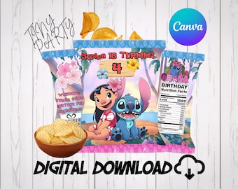 Lilo and Stitch Chip Bag Wrapper, Kids Birthday Party Favor, Stitch Snack Bag St01