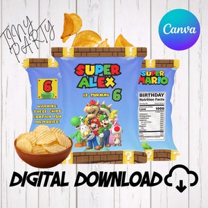 May include: Digital download featuring Super Mario-themed chip bags. The bags are blue with the text "Super Alex is turning 6" and "Super Mario." Includes a bowl of chips and the text "Digital Download."