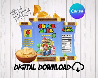Super Mario Chip Bag & Lunch Bag Labels Kids Birthday Party favor Editable Canva Template mr01