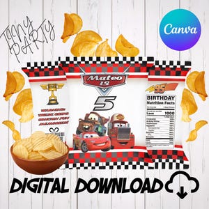 Red and black checkered race car chip bag wrapper template featuring Lightning McQueen and Mater for a boy’s 5th birthday party favor. An editable Canva template shown as an instant digital download with a bowl of chips on a white wood background. Perfect for custom race car birthday party decor.