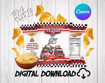 Cars Birthday Party Chip Bags Label Lightning McQueen & Mater Snack Bag Ca1