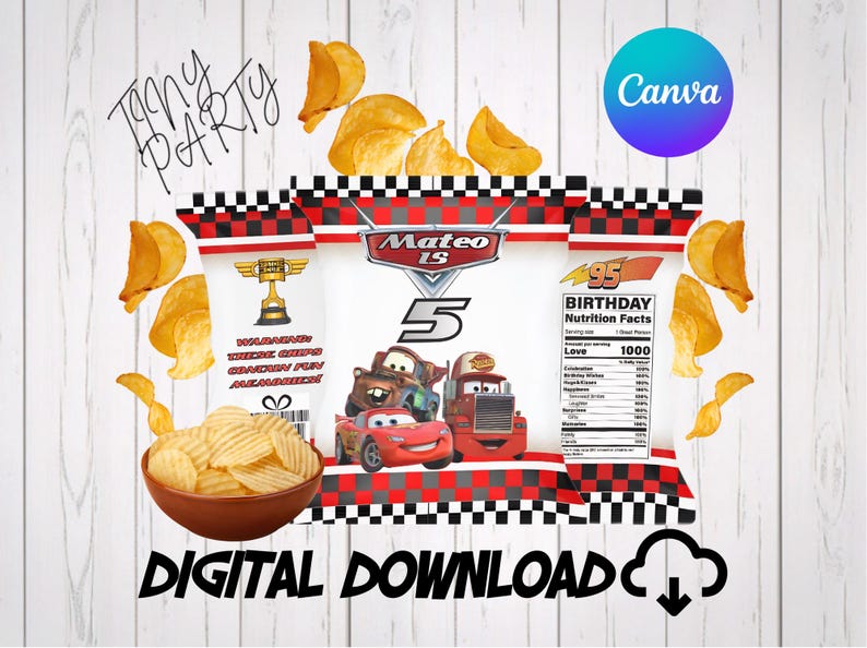 Red and black checkered race car chip bag wrapper template featuring Lightning McQueen and Mater for a boy’s 5th birthday party favor. An editable Canva template shown as an instant digital download with a bowl of chips on a white wood background. Perfect for custom race car birthday party decor.