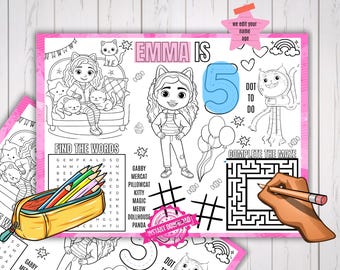 Gabby Happy Birthday placemat kleurplaat, activiteitenblad poppenhuis, afdrukbaar, gezelschapsspelletjes voor kinderen