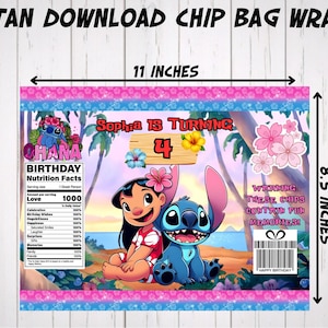 Printable party decor sizing guide for a custom chip bag wrapper template. The image displays the flat, unassembled digital download layout measuring 11 inches by 8.5 inches. Features bright blue, pink, and tropical island graphics with Stitch and Lilo, perfect for a DIY Canva template birthday favor.