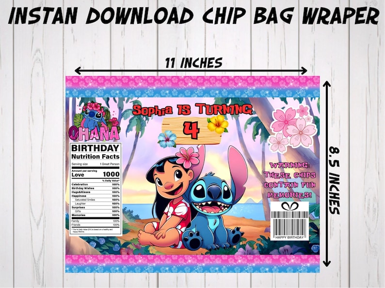 Printable party decor sizing guide for a custom chip bag wrapper template. The image displays the flat, unassembled digital download layout measuring 11 inches by 8.5 inches. Features bright blue, pink, and tropical island graphics with Stitch and Lilo, perfect for a DIY Canva template birthday favor.