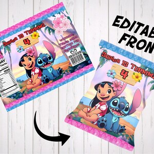 An editable template showcasing the front design of a custom birthday party favor chip bag. The tropical Hawaiian beach theme features a blue and pink color palette with Stitch and Lilo characters. Text highlights "Editable Front" with an arrow pointing to the assembled snack bag wrapper mockup, ideal for a personalized kids birthday party.