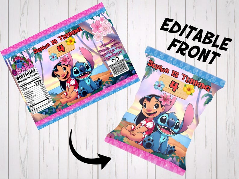 An editable template showcasing the front design of a custom birthday party favor chip bag. The tropical Hawaiian beach theme features a blue and pink color palette with Stitch and Lilo characters. Text highlights "Editable Front" with an arrow pointing to the assembled snack bag wrapper mockup, ideal for a personalized kids birthday party.