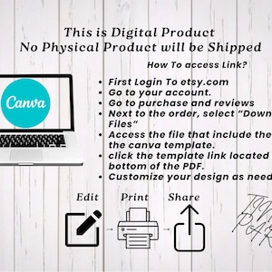 Step-by-step digital download instructions on a laptop screen with a Canva logo. Clear text guide explaining how to access, edit, print, and share the custom race car chip bag template from Etsy purchases. Ideal for DIY printable party decor and custom favors.
