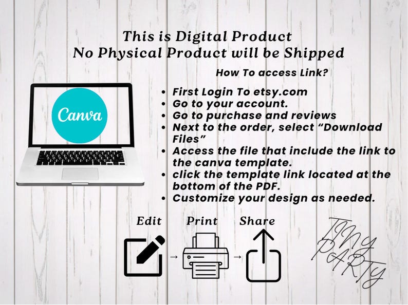 Step-by-step digital download instructions on a laptop screen with a Canva logo. Clear text guide explaining how to access, edit, print, and share the custom race car chip bag template from Etsy purchases. Ideal for DIY printable party decor and custom favors.