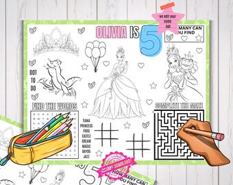 Placemat prinses Tiana en kikker verjaardagsactiviteit, kleurplaat feestmat afdrukbaar (digitale download)