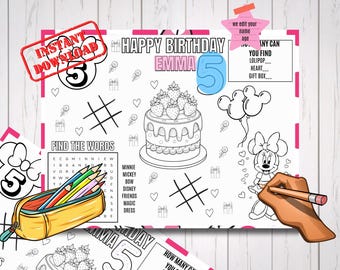 Minnie Mouse verjaardag placemat afdrukbare kinderactiviteiten kleurplaat mi01