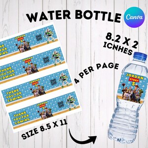 Printable party decor template layout showing four 8.2x2 inch custom water bottle wraps arranged on an 8.5x11 inch page. Toy Story theme birthday favors design includes a "Thank you for coming" message and a customizable QR code. Cloud pattern style with Woody and Buzz Lightyear. Easy to edit Canva template for personalized kids birthday party favors.