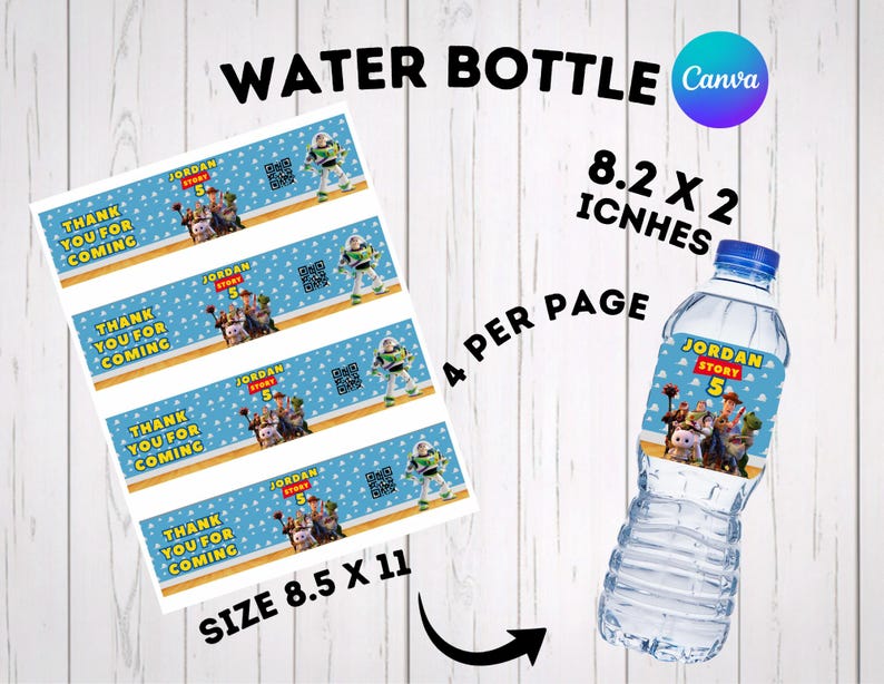 Printable party decor template layout showing four 8.2x2 inch custom water bottle wraps arranged on an 8.5x11 inch page. Toy Story theme birthday favors design includes a "Thank you for coming" message and a customizable QR code. Cloud pattern style with Woody and Buzz Lightyear. Easy to edit Canva template for personalized kids birthday party favors.