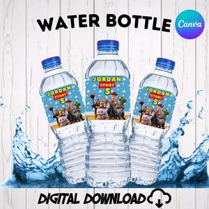 Custom Toy Story water bottle labels for a boy’s 5th birthday party decor. Features Woody, Buzz Lightyear, and Rex on a blue cloud background. Text reads "Jordan Story 5". Shows three plastic water bottles with custom favors wraps against a white wood backdrop with a water splash. Perfect printable party favors, instant download, editable Canva template.