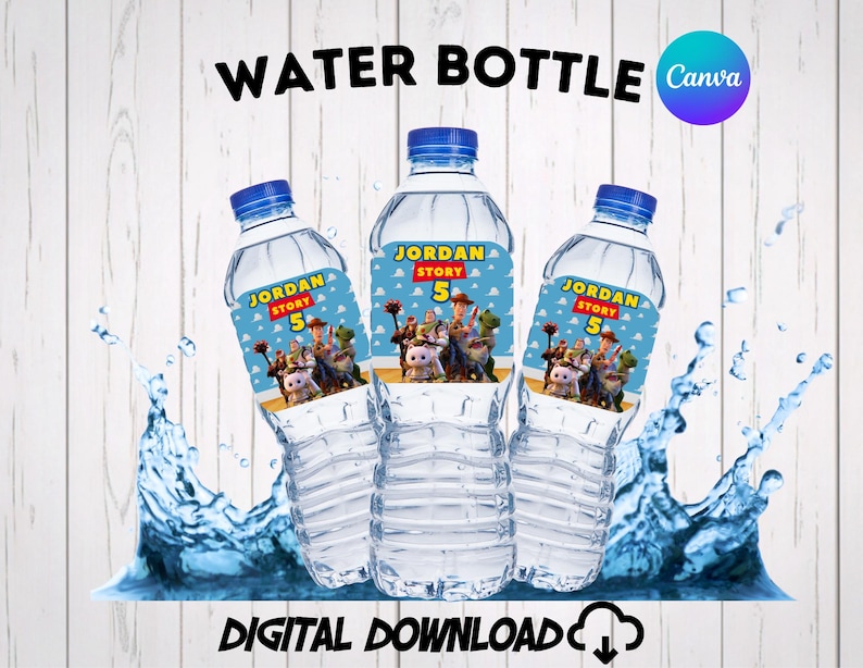 Custom Toy Story water bottle labels for a boy’s 5th birthday party decor. Features Woody, Buzz Lightyear, and Rex on a blue cloud background. Text reads "Jordan Story 5". Shows three plastic water bottles with custom favors wraps against a white wood backdrop with a water splash. Perfect printable party favors, instant download, editable Canva template.