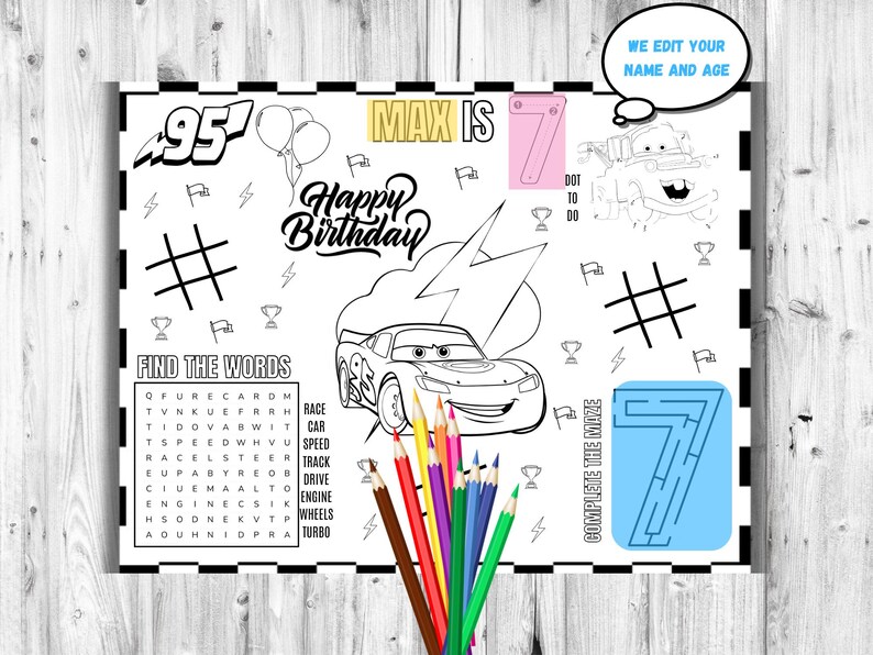 Cars Lightning Mcqueen Birthday Placemat Kids Activity Coloring Sheet ...