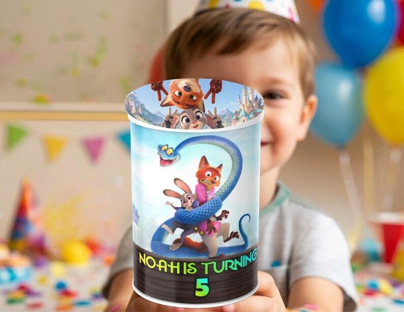 Mockup of a young boy wearing a party hat holding a personalized Zootopia themed Pringles potato chip can. The custom chip wrapper label features Judy Hopps and Nick Wilde cartoon characters with vibrant blue and yellow balloons and birthday decorations blurred in the background.
