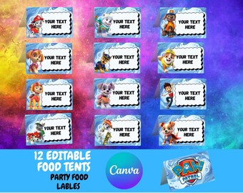 12 Paw Patrol Food Tent Labels Water Puppys Birthday Party favors Decor pp1
