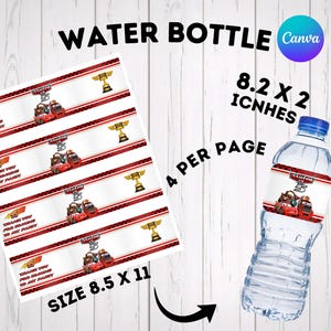 Graphic showing a sheet of 4 race car water bottle labels sized 8.5 by 11 inches, next to a water bottle displaying the applied label measuring 8.2 by 2 inches. Red checkered racing theme customizable labels with cartoon trucks and cars for a child's birthday party. Text indicates it's an editable template on Canva, perfect as an instant download printable favor label.