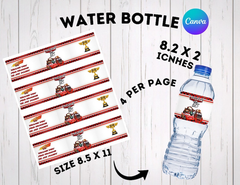 Graphic showing a sheet of 4 race car water bottle labels sized 8.5 by 11 inches, next to a water bottle displaying the applied label measuring 8.2 by 2 inches. Red checkered racing theme customizable labels with cartoon trucks and cars for a child's birthday party. Text indicates it's an editable template on Canva, perfect as an instant download printable favor label.