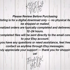 Important purchase notice card for an instant download digital item on a rustic white wood background. The text states that this is a digital download only, no physical item will be shipped, and personalized orders are delivered via email within 12 to 24 hours.