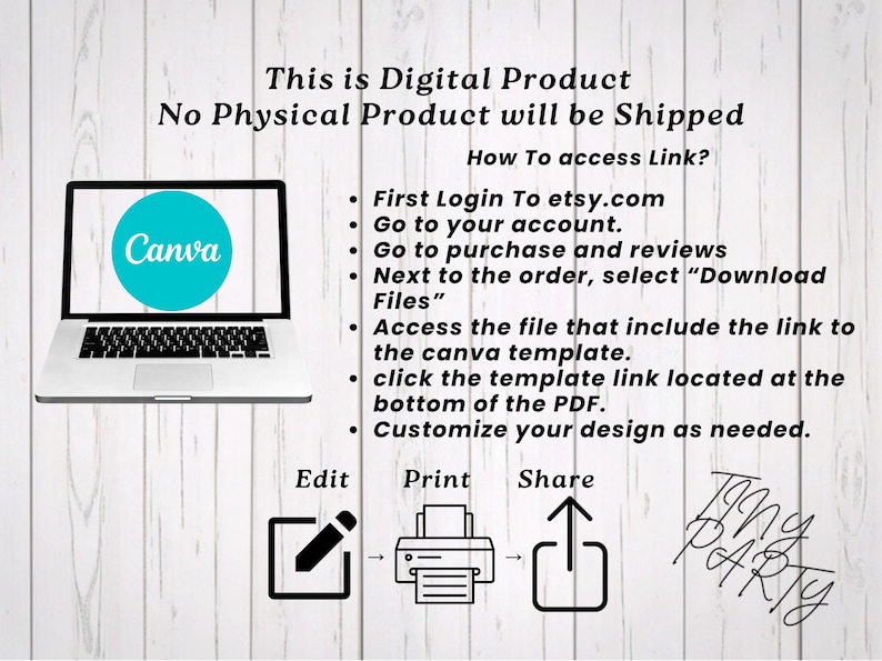 Step by step instructions graphic explaining how to download the digital product from Etsy and access the editable Canva template. Displays a laptop with the Canva logo alongside easy to read text explaining how to edit, print, and share the custom birthday party decorations.