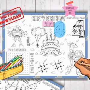 Tovaglietta di compleanno Toy Story, foglio di attività divertenti per bambini, tappetino da colorare