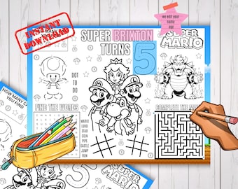 Super Mario verjaardag placemat kinderfeestje activiteit kleurplaat afdrukbare digitale download feestartikelen mr2