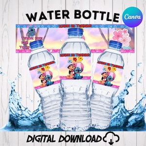 Printable party decor showing three water bottles with editable Lilo and Stitch labels for a 4th birthday. The custom label features Lilo, Stitch, and tropical flowers under the text 'Emma is turning 4' against a pastel pink and blue sunset background. This instant download Canva template includes a main display with a water splash effect on a light wood background, perfect for a Hawaiian luau themed kids birthday celebration.
