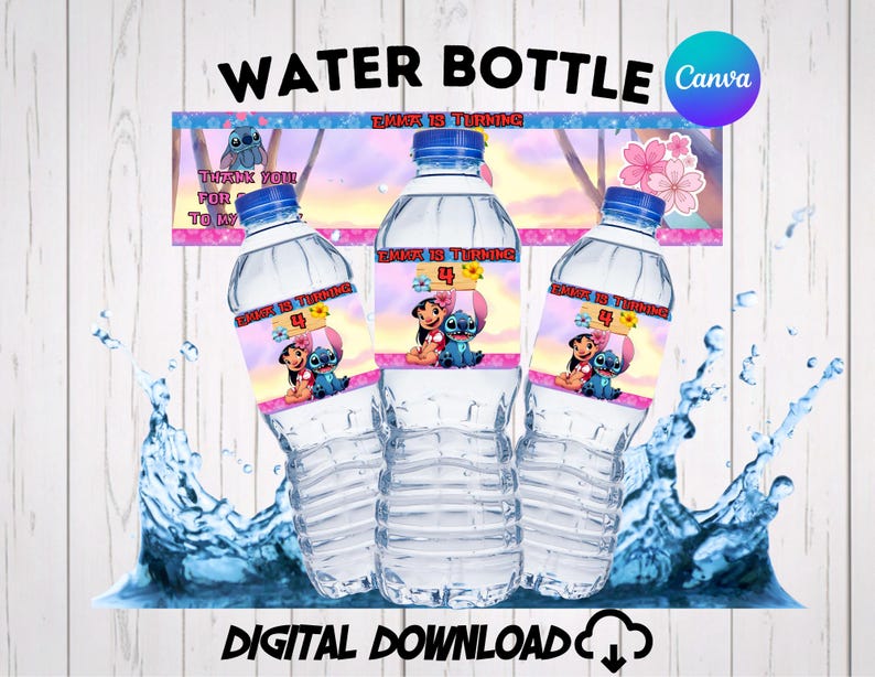 Printable party decor showing three water bottles with editable Lilo and Stitch labels for a 4th birthday. The custom label features Lilo, Stitch, and tropical flowers under the text 'Emma is turning 4' against a pastel pink and blue sunset background. This instant download Canva template includes a main display with a water splash effect on a light wood background, perfect for a Hawaiian luau themed kids birthday celebration.