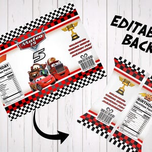 Editable template showing the back design of a race car birthday chip bag custom favor. Displays a mock birthday nutrition facts panel and a custom barcode with red, white, and black racing checkered patterns. Perfect personalized printable party decor for a boy's birthday.